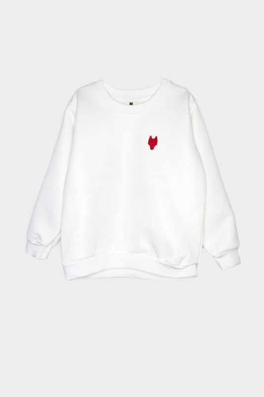 Kid’s One Wolf sweater, white with red logo